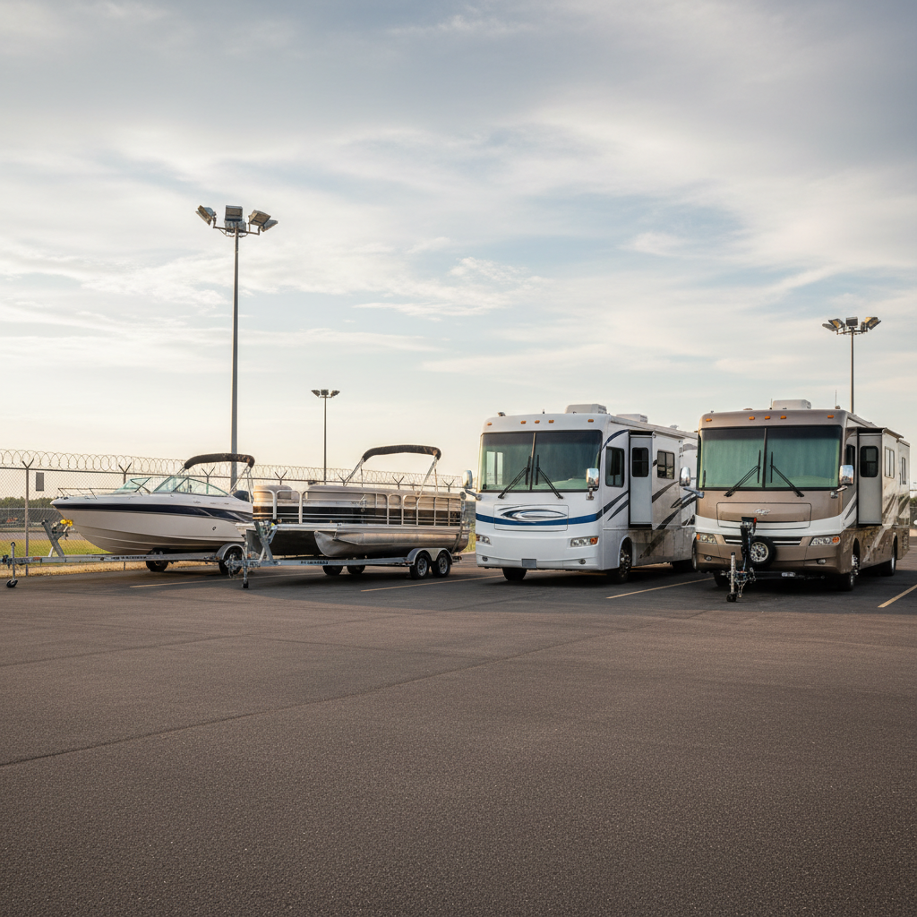 Boats on trailers and RVs in seasonal layup on the paved, gated lot at the Middleboro storage yard