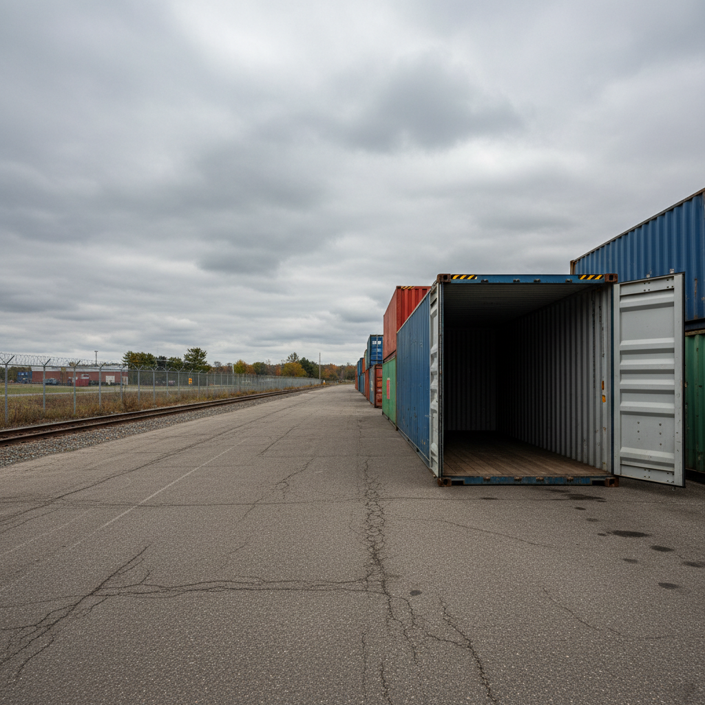 Shipping containers staged on the paved yard beside the on-site rail siding at the Middleboro storage yard